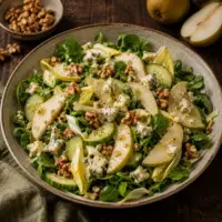 Fresh pear and Stilton salad with watercress, chicory, cucumber and walnuts, finished with a honey mustard dressing on a rustic ceramic plate.