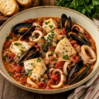 Provençal fish stew with cod, mussels and squid in a rich tomato broth with garlic, shallots, thyme and fresh parsley.
