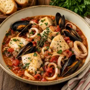 Provençal fish stew with cod, mussels and squid in a rich tomato broth with garlic, shallots, thyme and fresh parsley.