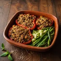 Roasted red peppers filled with spiced lamb and quinoa, served with green beans and courgette.