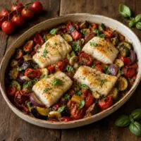 Roasted cod loins with courgette, aubergine, peppers, tomatoes and fresh basil.
