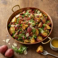Roasted pancetta potato salad with arugula, sun-dried tomatoes and shaved Parmesan
