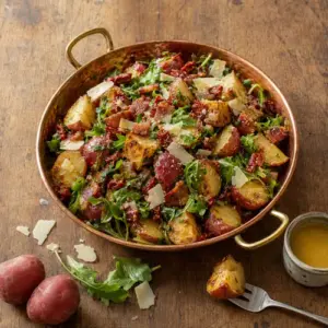 Roasted pancetta potato salad with arugula, sun-dried tomatoes and shaved Parmesan