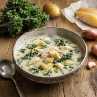 Smoked haddock kale soup with potatoes in a creamy dairy-free broth
