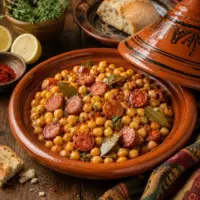 Chickpeas and Chorizo served in a rustic skillet with lemon, herbs, and smoked paprika.