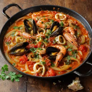 Mussels, prawns and squid in a rich tomato, fennel and sherry sauce.