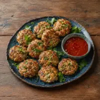 Golden sesame chicken patties with coriander, spring onion and sweet chilli dipping sauce.