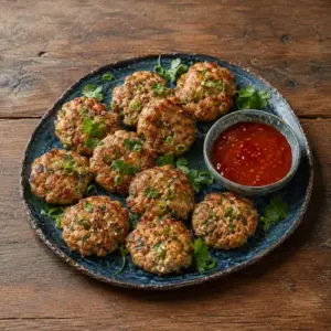 Golden sesame chicken patties with coriander, spring onion and sweet chilli dipping sauce.