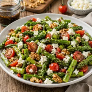 Asparagus Tomato Feta Salad with fresh asparagus, grape tomatoes, feta cheese, toasted walnuts, and balsamic vinaigrette.