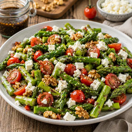 Asparagus Tomato Feta Salad with fresh asparagus, grape tomatoes, feta cheese, toasted walnuts, and balsamic vinaigrette.