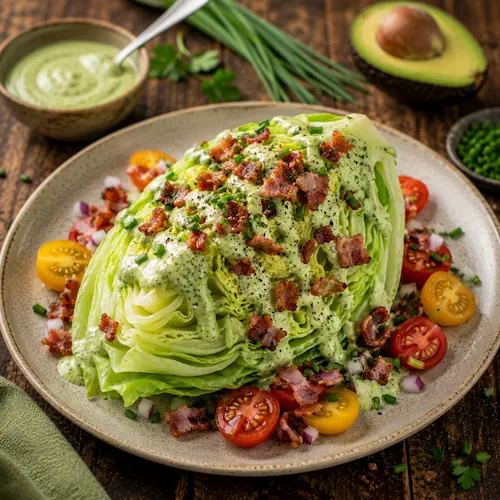 Green Goddess Wedge Salad with crisp iceberg lettuce, creamy avocado dressing, bacon, tomatoes, and fresh herbs on a rustic wooden table.