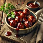 Barbecue chicken meatballs on a rustic wooden table