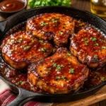 barbecue pork skillet served on a rustic wooden table with smoky pork chops and barbecue sauce