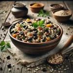 Barley and black bean pilaf on a rustic wooden table