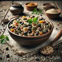 Barley and black bean pilaf on a rustic wooden table