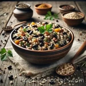 Barley and black bean pilaf on a rustic wooden table