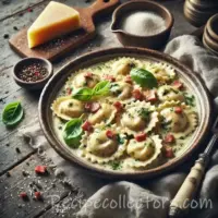 Basil-chicken ravioli carbonara on a rustic wooden table