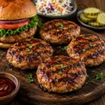 BBQ turkey burgers served on a rustic wooden table with smoky grilled turkey burgers and barbecue sauce