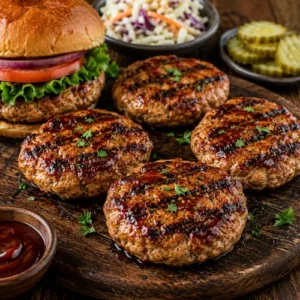BBQ turkey burgers served on a rustic wooden table with smoky grilled turkey burgers and barbecue sauce