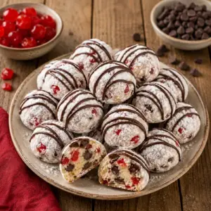 Chocolate Cherry Snowballs dusted with powdered sugar and drizzled with dark chocolate on a festive holiday platter.