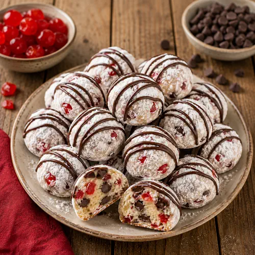 Chocolate Cherry Snowballs dusted with powdered sugar and drizzled with dark chocolate on a festive holiday platter.