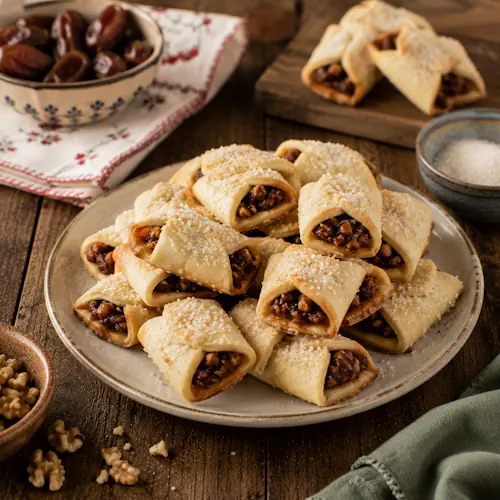 Golden Date Treasure Cookies filled with sweet dates, walnuts, and orange zest on a rustic serving plate.
