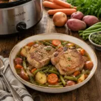 Slow Cooker Pork Chops served with carrots, potatoes, onion, yellow squash and fresh basil in a rustic family dinner setting.