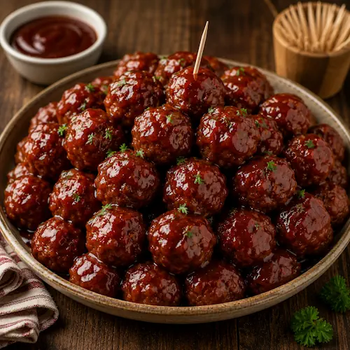 barbecue meatballs served on a rustic wooden table with smoky beef meatballs and barbecue sauce