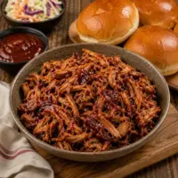 barbecue pulled pork served on a rustic wooden table with smoky shredded barbecue pork