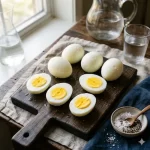 air fryer boiled eggs perfectly cooked on a rustic wooden table
