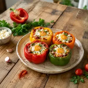 Shakshuka pepper cups filled with spiced tomatoes, baked eggs and crumbled feta