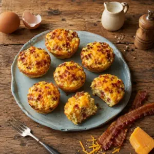 Morning egg cups with bacon and melted cheddar, served with eggs, cream and cheese on a rustic wooden table.