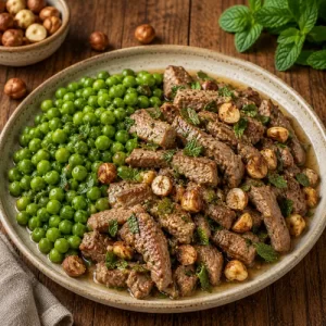 Air Fryer Mint Lamb Hazelnuts served on a rustic wooden table with peas and toasted hazelnuts