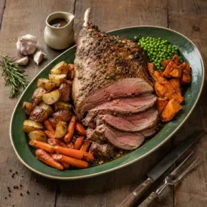 Air fryer rosemary lamb sliced and served with roasted potatoes, sweet potatoes, carrots and green peas