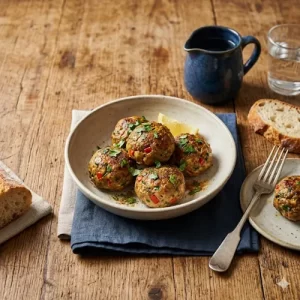 lamb meatballs from the air fryer on a rustic wooden table