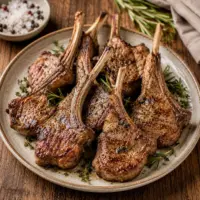 Air fryer lamb chops served on a rustic wooden table with crispy edges and fresh herbs
