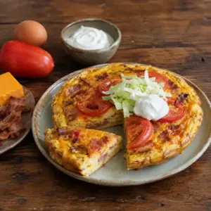 BLT frittata with bacon, cheddar, tomato, lettuce and sour cream on a rustic wooden table.