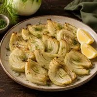 Golden air-fried fennel slices with lightly caramelized edges, fresh fennel fronds and lemon wedges, served on a rustic ceramic plate on a dark wooden table.