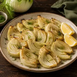 Golden air-fried fennel slices with lightly caramelized edges, fresh fennel fronds and lemon wedges, served on a rustic ceramic plate on a dark wooden table.
