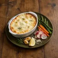 Warm baked garlic ricotta with Parmesan and rosemary, served with fresh vegetables on a rustic wooden table.