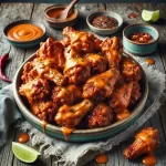 Bangin’ chicken wings on a rustic wooden table