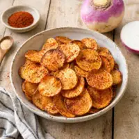barbecue turnip chips in a bowl on a rustic wooden table
