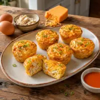Six golden Buffalo Chicken Egg Cups with shredded chicken, melted cheddar and buffalo sauce on a rustic wooden table.