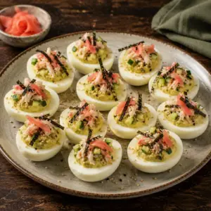 Devilled egg halves filled with creamy avocado and wasabi yolk mixture, topped with crabmeat, cucumber, sliced nori, pickled ginger and toasted sesame seeds, served on a rustic ceramic plate.