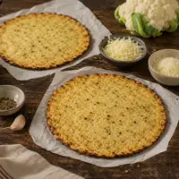 Golden air-fried cauliflower pizza crusts made with mozzarella, Parmesan, garlic and Italian herbs, served on parchment paper on a rustic dark wooden table.