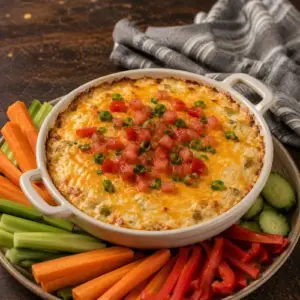 Creamy air-fried chicken enchilada dip topped with melted Cheddar, diced tomatoes and jalapeño, served with fresh vegetable sticks on a rustic dark wooden table.
