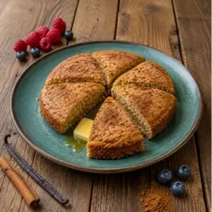Warm cinnamon breakfast bread with melted butter, berries and vanilla on a rustic wooden table.