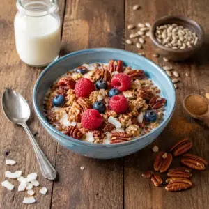 Cinnamon pecan crunch cereal with almond milk, berries, coconut and sunflower seeds on a rustic wooden breakfast table.