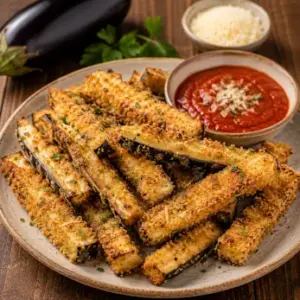 Crispy air fryer eggplant sticks coated with Parmesan and crushed pork rinds, served with warm Napolitana sauce on a rustic brown wooden table.