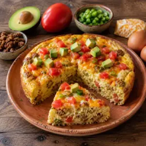 Fiesta breakfast casserole with spicy sausage, cheese, tomato, green chilies and avocado on a rustic wooden table.